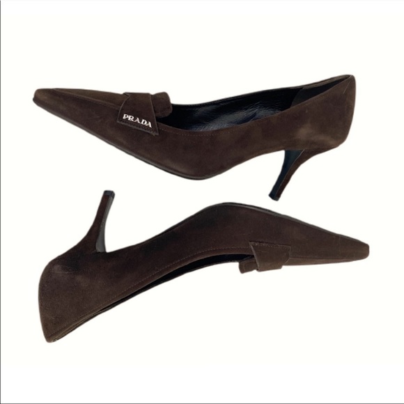 98. Prada NWT Brown Suede Square Pointed Toe Logo Pump 36 - Picture 9 of 9